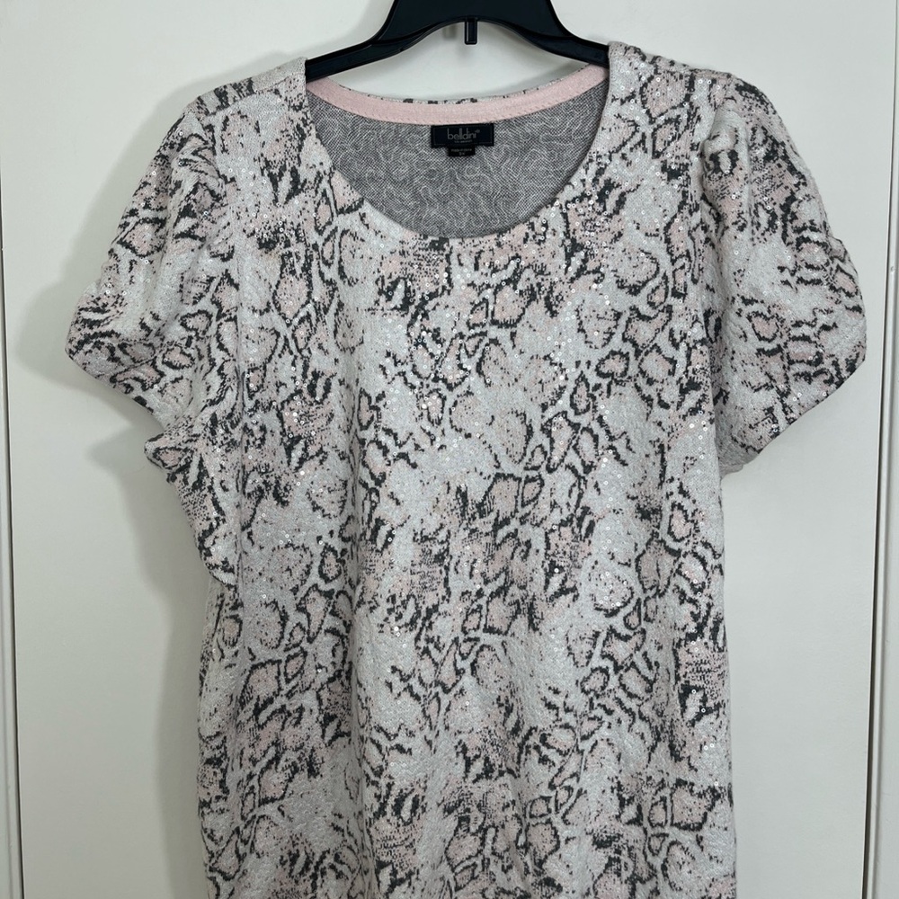 Belldini Snake Print Blouse - Gray Pink Black 3X Sequins Ruched Sleeves Granny